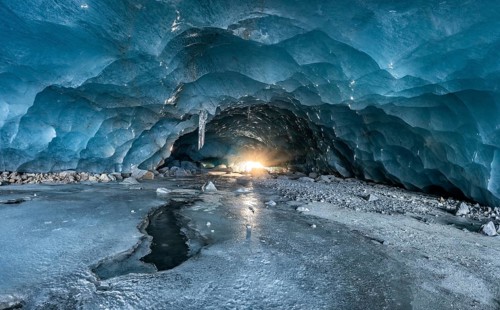 Glacier cave, ice cave, Morteratsch Glacier, Engadin, Grisons, Switzerland, Europe