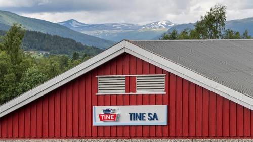 Red building of the Tine dairy, largest dairy in Norway, Dovre, Fylke Innlandet, Upper