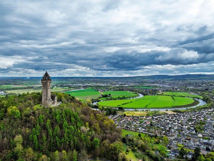 The National Wallace Monument or William Wallance Monument from a drone, Stirling, Scotland,