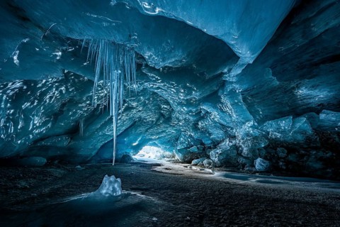 Glacier cave, ice cave, Morteratsch Glacier, Engadin, Grisons, Switzerland, Europe