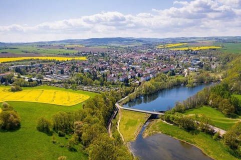Aerial view of the town of Dippoldiswalde and the Malter reservoir, Erzgebirge, Saxony, Germany,