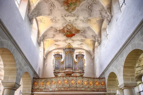 Interior view, gallery, organ, ceiling painting, ceiling fresco, collegiate church Sankt Peter und