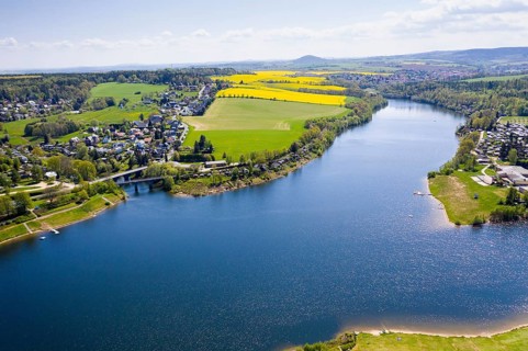 Malter dam and village with railway viaduct, in the background the town of Dippoldiswalde and