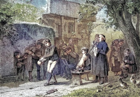 Bowling alley, Bowling on a sand alley at the church fair, Bavaria, Germany, coloured woodcut from