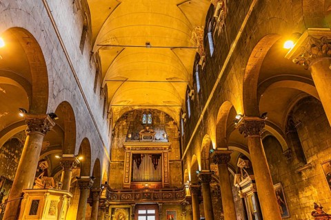 Vaulted ceiling in the church of San Michele in Foro, historic city centre, Lucca, Tuscany, Italy,