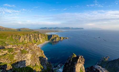 View from the summit of Måtind or Måtinden, view of picturesque coastal landscape, Høyvika beach
