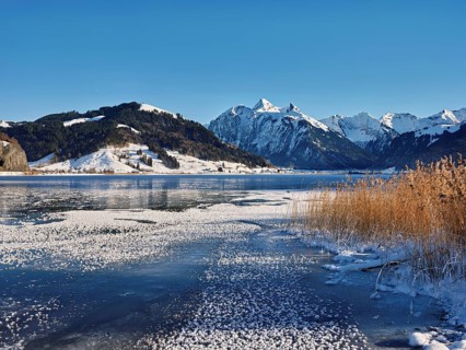 Frozen Sihlsee, reservoir, behind the snow-covered mountains Flübrig and Druesberg, Euthal, Canton