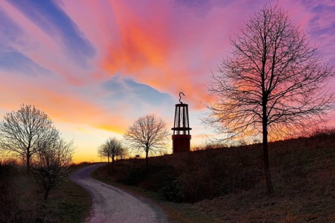 Artwork Geleucht by Otto Piene at sunrise, Rheinpreussen slag heap, Moers, Ruhr area, Lower Rhine,