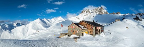 SAC Alpine Club hut in winter, Chamanna d'Es-cha, Pitz Blaisun, Albula Alps, Grisons, Switzerland,