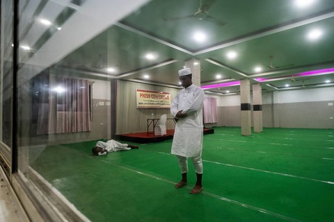 Hajj pilgrim offer prayers Hajj Musafir Khana before leaving to the airport, in Guwahati, India on