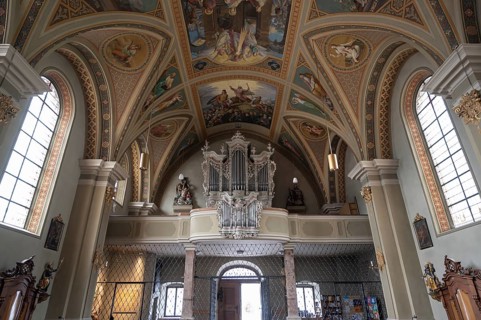 Organ loft of the parish church Mariä Himmelfahrt, Thaur, district Innsbruck, Tyrol, Austria,