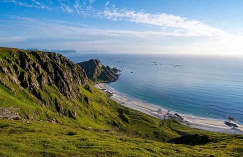 View of picturesque coastal landscape, Høyvika beach and sea, hike to the summit of Måtind, Andøya