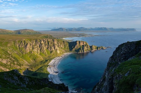 View from the summit of Måtind or Måtinden, view of picturesque coastal landscape, Høyvika beach