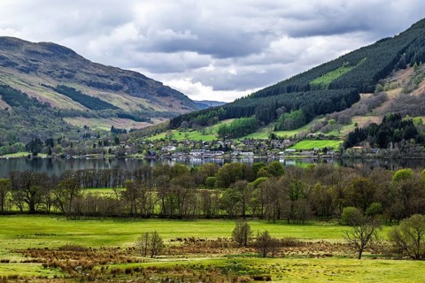 Farm and mountains, Loch Earn, Southern Highlands, Scotland, United Kingdom, Europe