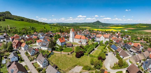 Aerial view, panorama, view of the municipality of Weiterdingen in Hegau with the church of St