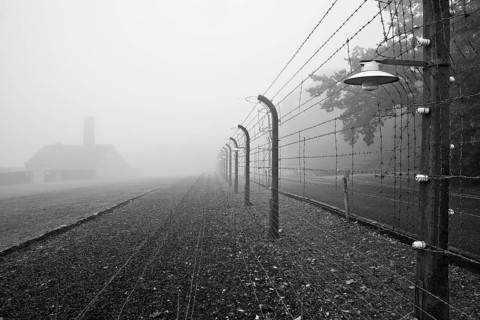 Reconstructed camp fence with crematorium in the fog at beech forest concentration camp, now a