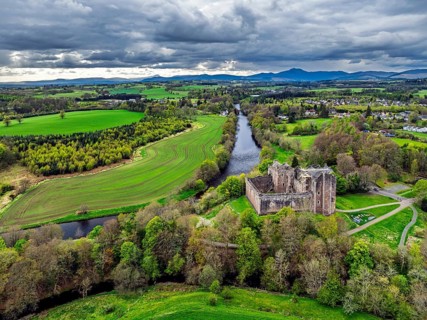 Doune Castle from a drone, Doune, Stirling, Scotland, England, United Kingdom, Europe