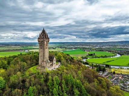 The National Wallace Monument or William Wallance Monument from a drone, Stirling, Scotland,