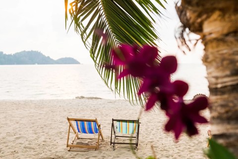 Orchids and deckchairs on the beach, Klong Son Beach, Ko Chang, Koh Chang, Mu Ko Chang National