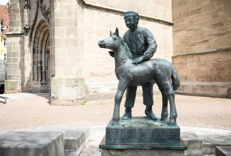 Figure on the horse fountain by Herbert Blaschke next to St Servatius Church, Duderstadt, Lower