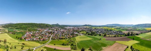 Aerial view, panorama, view of the municipality of Gottmadingen in Hegau, on the horizon the Hegau
