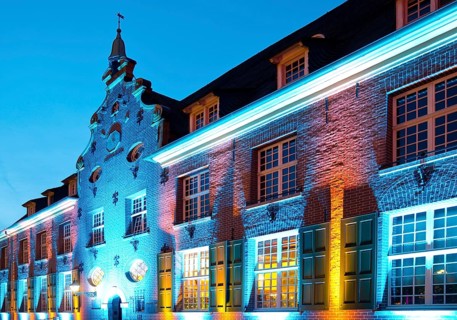 Kevelaer in the light, light installation Priseterhaus in the evening, Kevelaer, Lower Rhine, North