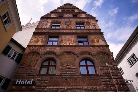 Hotel, restaurant, Graf-Zeppelin-Haus with wall painting, facade painting, Constance,