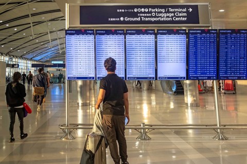Detroit, Michigan - A traveler looks at the arrivals and departures board at Detroit Metro Airport