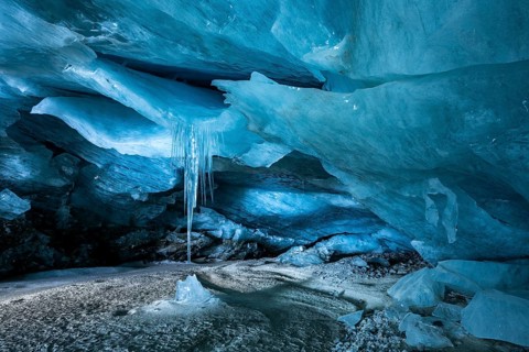 Glacier cave, ice cave, Morteratsch Glacier, Engadin, Grisons, Switzerland, Europe