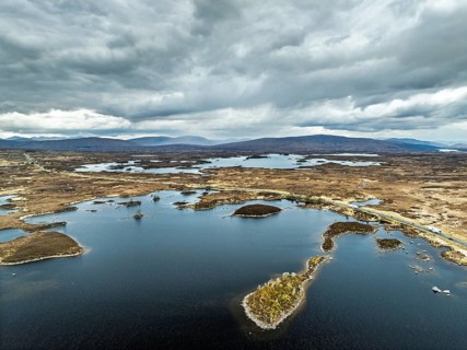 Rannoch Moor from a drone over Loch Ba and Loch of the Armpit, A82 Highland Way, Argyll and Bute,