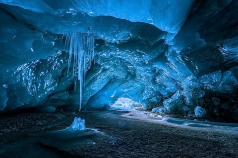 Glacier cave, ice cave, Morteratsch Glacier, Engadin, Grisons, Switzerland, Europe