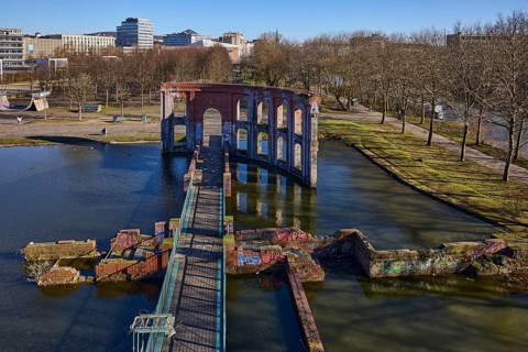 Park, trees, pond, lawn, artificial ruin, general architecture, blue sky, cloudless, Bürgerpark