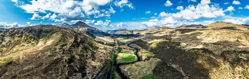 Panorama of Farms and Mountains over River Dochart and Road A85 from a drone, Perthshire, Scotland,