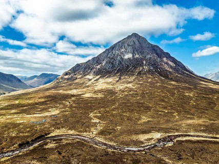 The Buachaille Mountain and Moors over Glen Etive Valley from a drone, Buachaille Etive Mòr, The