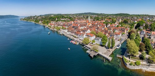 Aerial view, panorama of Überlingen on Lake Constance with the historic old town and the lakeside