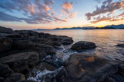 Rocky coast, coastal landscape at sunset, Henningsvær, Lofoten, Nordland, Norway, Europe