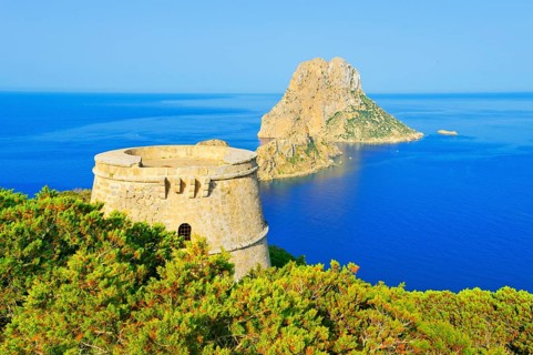 View of Torre des Savinar and Es Vedra island, Ibiza, Balearic Islands, Spain, Europe