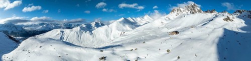Alpine panorama, aerial view, Alpine Club hut of the SAC in winter, Chamanna d'Es-cha, Pitz