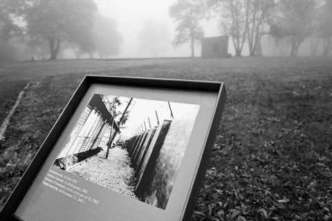 Historical photo at the site of the isolation barracks in beech forest concentration camp, today a