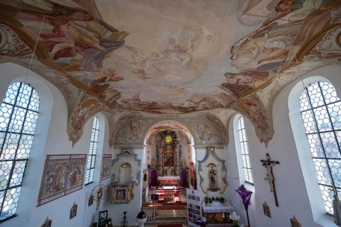 View from the organ loft onto the church interior and altar with Lenten cloth, St Laurentius and