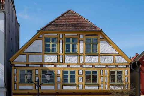 Restored gable of a half-timbered house, Waren, Müritz, Mecklenburg Lake District, Mecklenburg,