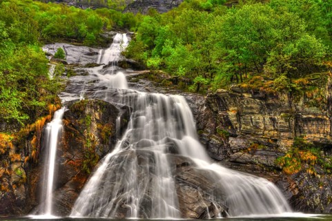 Waterfall in Long Exposure in the Forest in Valle Maggia, Ticino, Switzerland, Europe