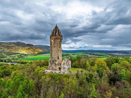 The National Wallace Monument or William Wallance Monument from a drone, Stirling, Scotland,