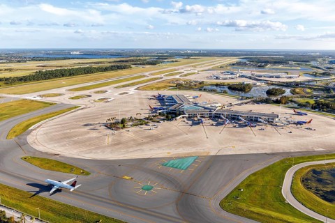 Aerial view of Orlando International Airport with terminal Southwest Airlines Concourse Airside 2