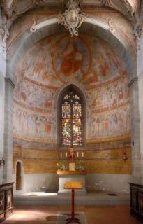 Interior view, painting in the apse, divided into three sections, choir, altar, stained glass