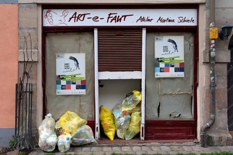 Yellow bags in front of the entrance to an art studio, Bavaria, Germany, Europe