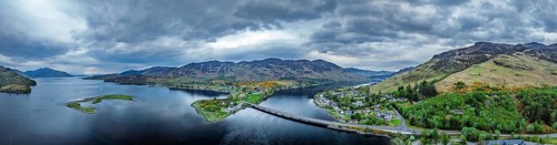 Panorama of Loch Long Bridge or Dornie New Bridge from a drone, Loch Long River, Highlands,