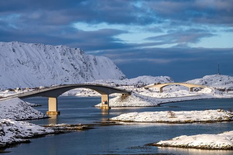 Bridges connecting islands on the road to Fredvang, Flakstadøya, Lofoten, Norway, Europe