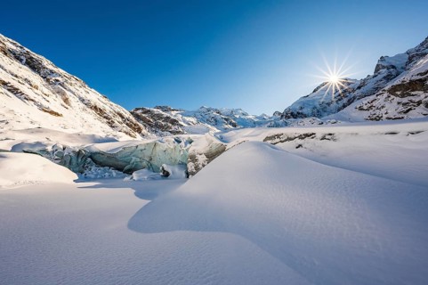 Snow-covered glacier, Morteratsch Glacier, Bernina Group, Engadin, Grisons, Switzerland, Europe