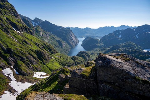 Picturesque mountain landscape, Trollfjord and Raftsund fjord, hike to Trollfjord Hytta, Lofoten,
